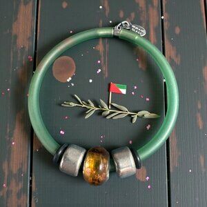 Murano Glass Bead Bracelet – Made in Italy, Green Rubber Cord, Amber & Silver Ac